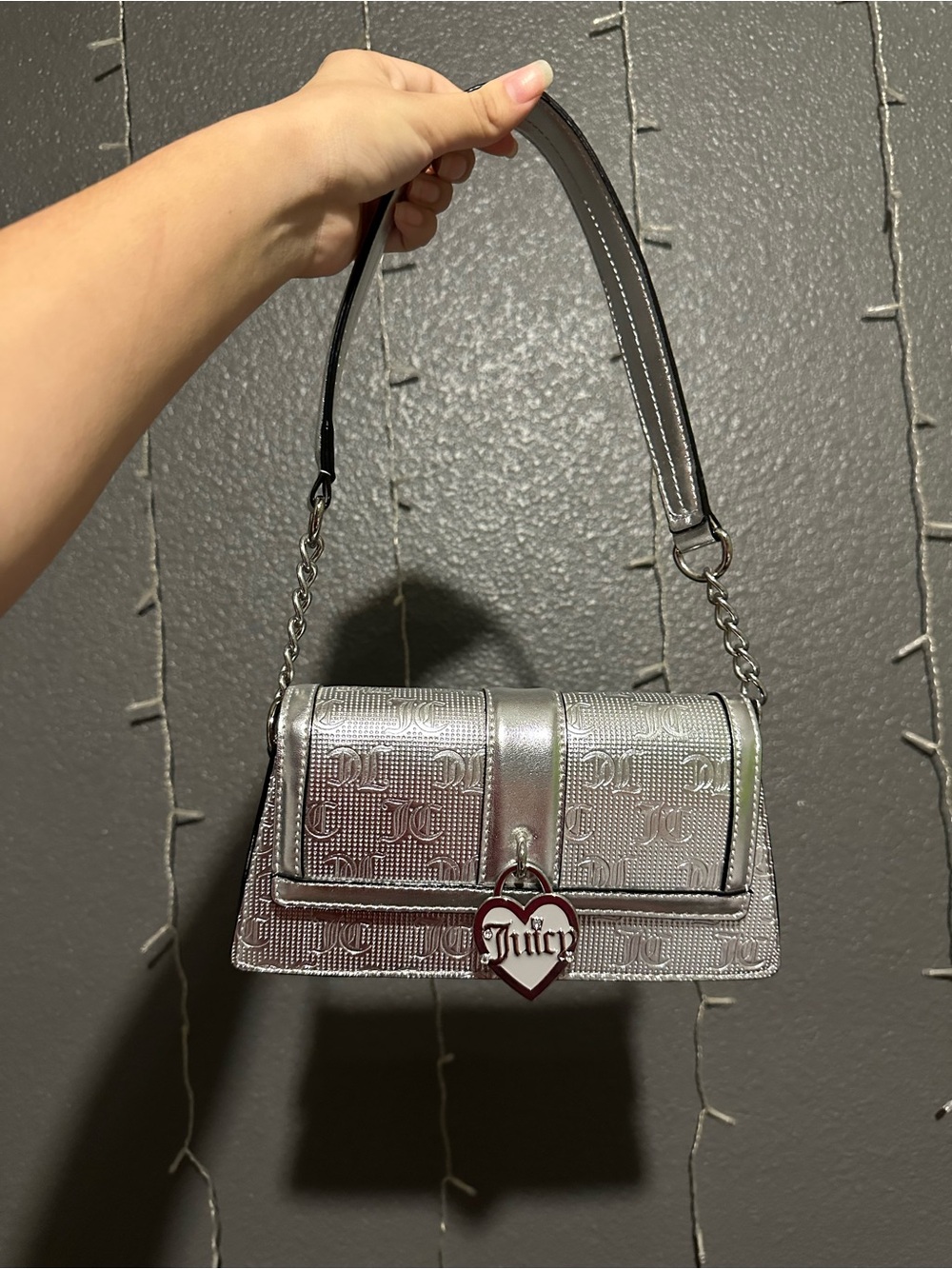 Juicy Couture Metallic Silver Shoulder Bag with Heart Charm